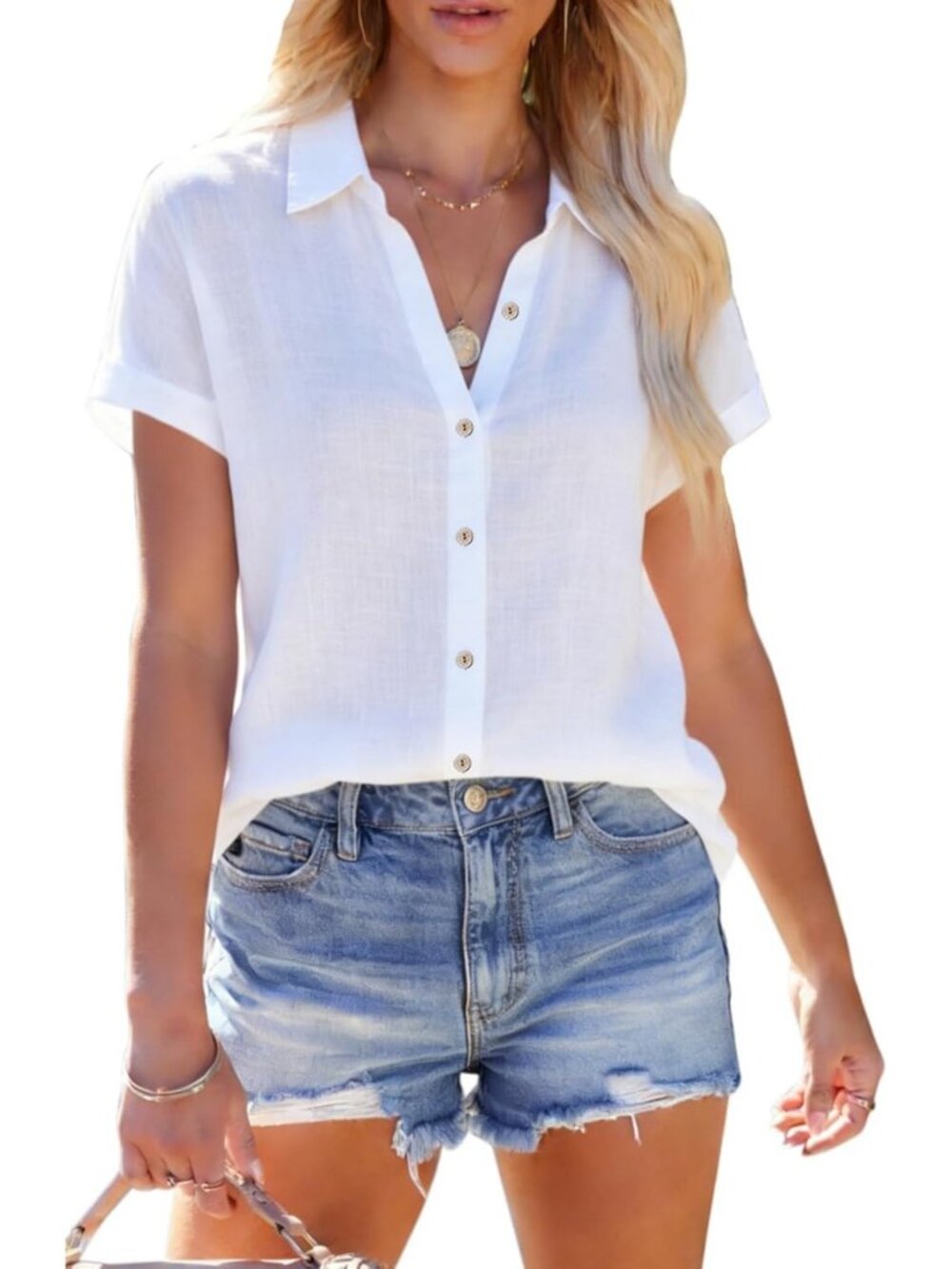 Casual Short Sleeve Linen Blouse for Women - Solid Summer Vacation Top